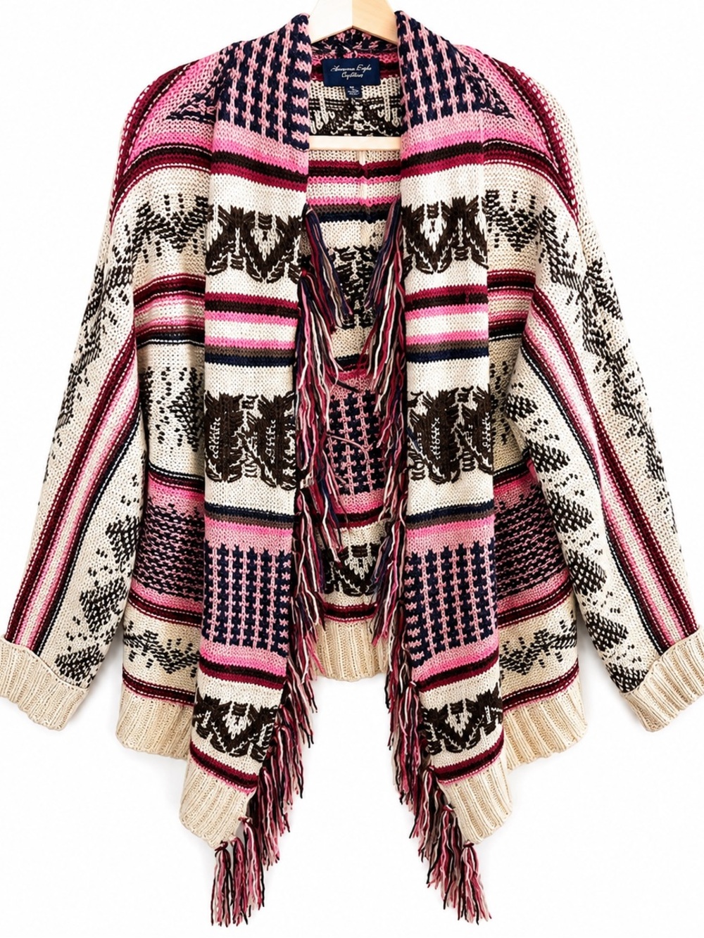 American Eagle Aztec Fringe Cardigan Sweater Poncho Cream Pink Boho Western SZ M